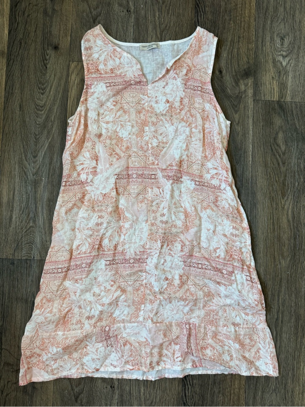 Terzo Millennio Pink/White Floral 100% Linen Mini Dress V-Neck Sleeveless L